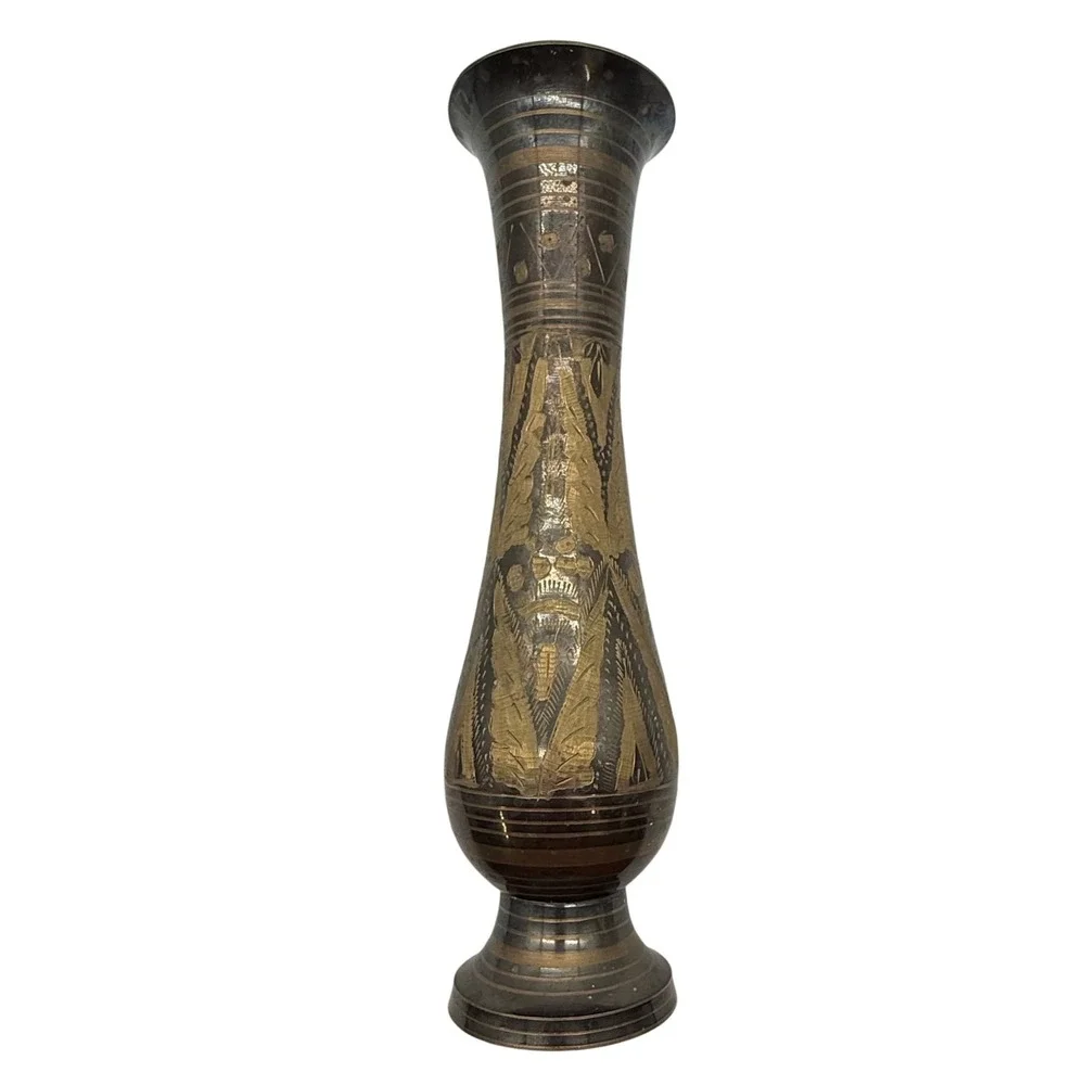 VTG Hand Etched‎ Brass Bud Vase Indian Floral Design Bronze Gold